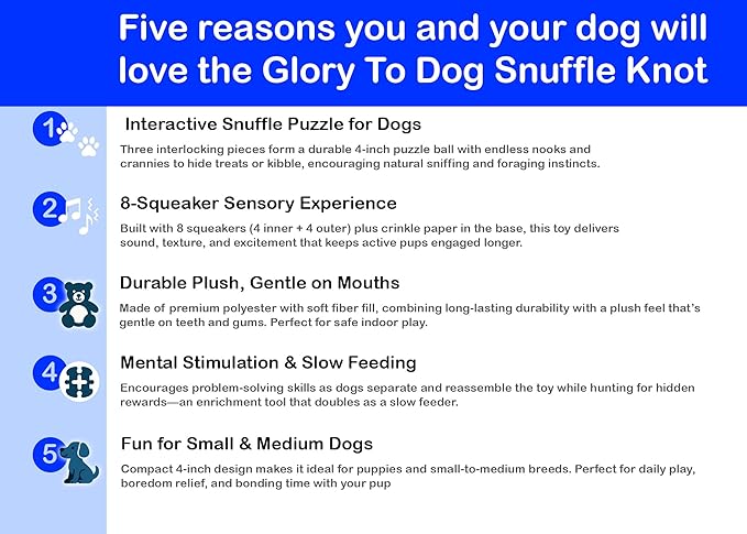Glory To Dog Blue Snuffle Knot Interactive Dog Toy 4” Puzzle Ball with 8 Squeakers & Crinkle – Treat Hiding Enrichment Toy for Puppy & Small Breed Dogs – Durable Plush Sensory Play & Stimulation
