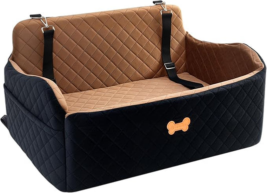 Car Seat for Large Size Dog, Booster Seat for Dogs Under 55 lbs or 2 Small Dogs, Soft Car Dog Bed Filling in Thick Memory Foam with 2 Safety Leashes and Storage Pocket (Brown/Black)