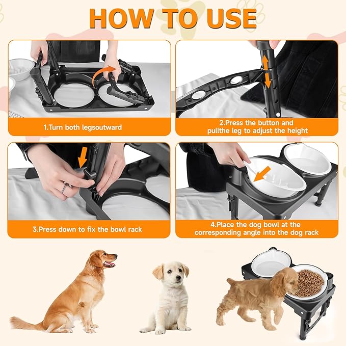 Elevated Dog Bowls Collapsible for Large Size Medium Small Dogs, 2 Raised Dog Bowls for Food Water &1 Slow Feeder Bowl, 5 Heights Adjustable Bowl Stand with Non-Slip Feet