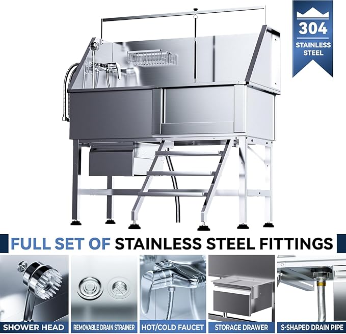 46" Dog Washing Station, Professional Stainless Steel Dog Bathtub w/Ramp & Storage Drawer, Adjustable Grate, Non-Slip Design, Perfect for Home Grooming & Large Dogs (46" Right Stair)