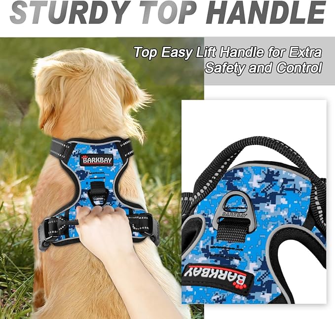 BARKBAY No Pull Dog Harness Front Clip Heavy Duty Reflective Easy Control Handle for Large Dog Walking(Blue camo,XL)