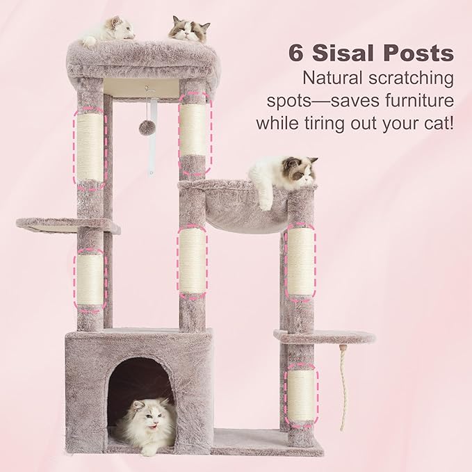 Heybly Heavy Duty Cat Tree, Tower for Indoor Cats Large Adult, Tall Cat Condo House with Extra-Large Baseboard, Multi-Level Plush Furniture with Scratching Posts, Hammock,Toy Balls,Muchroom HCT026MU