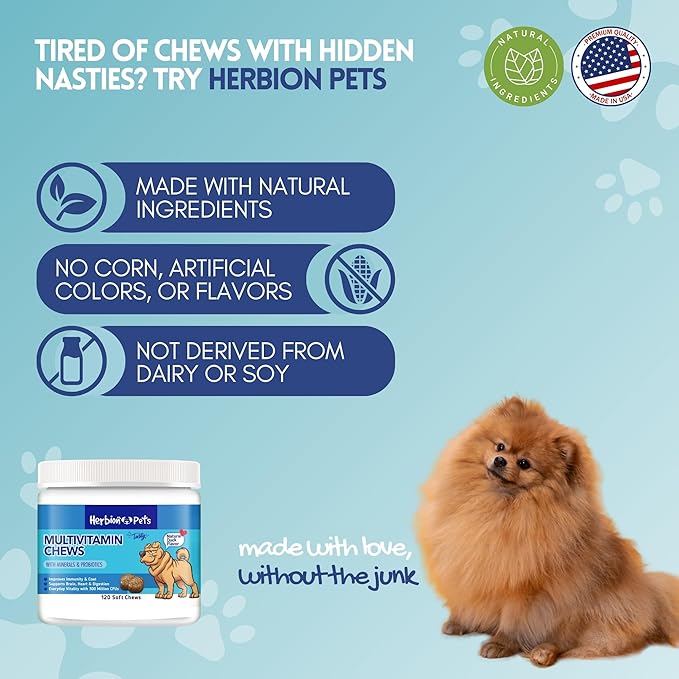 HERBION Pets Multivitamin Chews with Minerals & Probiotics, Improves Immunity & Coat, Supports Digestion, Brain & Heart Health, Delicious Natural Duck Flavor, Dog Supplements & Vitamins, Pack of 1