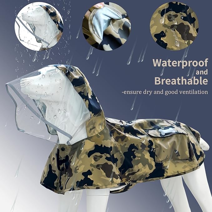 Waterproof Dog Raincoat, Adjustable Reflective Lightweight Pet Rain Clothes with Poncho Hood(Small,Camo)