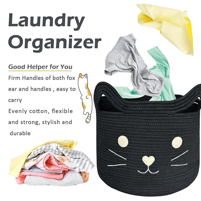 VK VK·LIVING Large Cat Toy Basket with Handles 15" Lx14 H Cotton Rope Toy Box with Black Cat Design, Gift Basket for Laundry, Baby, Towels, Blankets, Woven Cotton Rope Animal Storage Organizer
