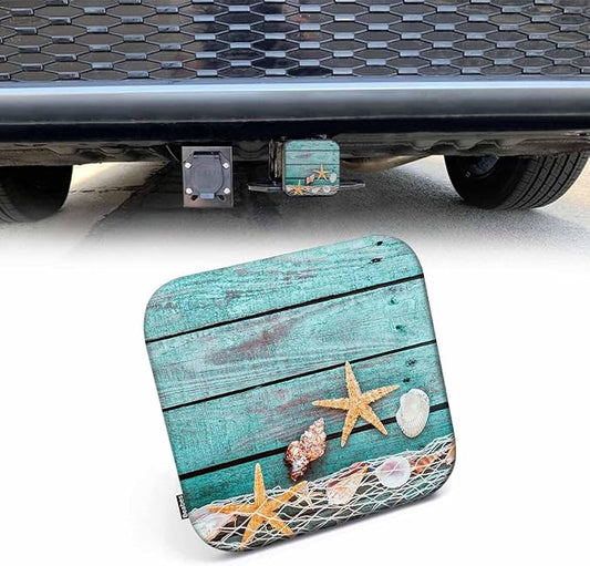 Beach Seashells Hitch Cover Rustic Fishing Net and Starfish Turquoise Blue Wooden Rubber Trailer Hitch Cover Receiver Tube Covers Plug Cap Fits 2 Inch Receivers for Pickups Trucks SUVs Cars