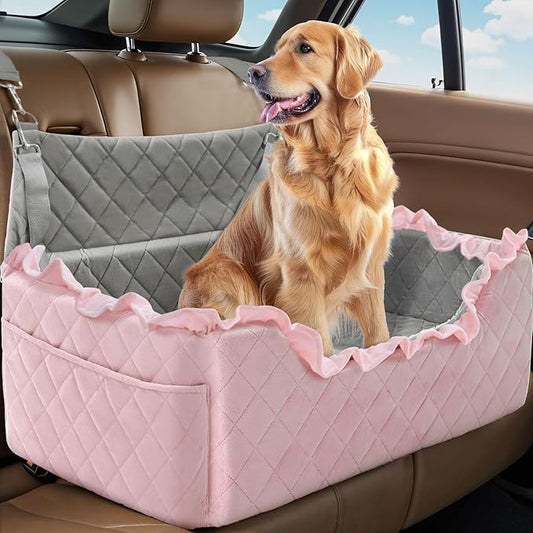 Dog Car Seat for Large/Medium Dogs, Dog Booster Seat for Under 55lbs or 2 Small Dogs, Non-Slip Removable and Washable Pet Car Seat,2 Safety Leashes, Travel Pet Bed, Pink Flower