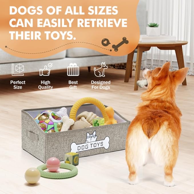 Dog Toy Basket, Collapsible Dog Toy Box with Handle, Perfect for Storing Pet Toys and Accessories (Light Khaki)