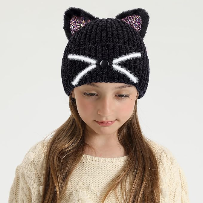 Kids Girls Cat Ear Hat Winter Warm Knit Beanie Cute Ski Skull Cap for Ages 7-12