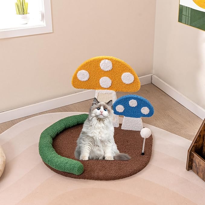 Tangkula Mushroom Cat Bed, Cat Claw Scratcher with Wide Large Platform, Sisal Scratching Panel, Spring Ball, PP Cotton Padded Headrest, Cat Tree House with Interactive Toys for Kittens
