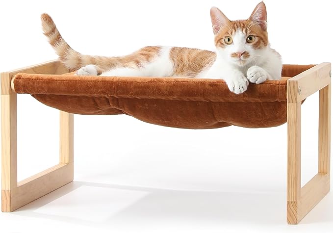 FUKUMARU Cat Bed with Removable Cover, Plush Velvet Couch for Indoor Cats, Wooden Feline Hammock, 21 x 16.5 Inch Kitten Sofa, Suitable for Kitty, Dog, Bunny and Small Animal, Brown