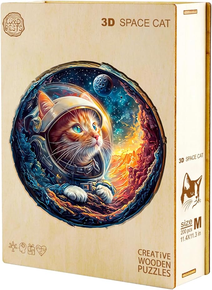 KAAYEE Wooden Puzzles for Adults, 3D Space Cat 300 Piece Unique Animal Shape Puzzle, Cat Wood Puzzle for Adults, Creative Gifts for Friends/Family, Home Decor(13.4 * 13.2in)