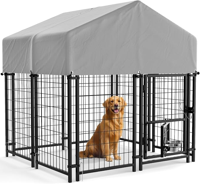 Greesum Large Outdoor Dog Kennel, Heavy Duty Welded Wire Steel Dog Playpen Fence with Secure Lock/UV-Resistant Waterproof Roof Cover/Rotaing Feeder Bowls, for Small/Medium/Large Dogs, L