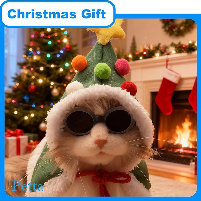 Cat Christmas Costumes Outfit Green Xmas Tree Elf Pet Cloak with Hat with Star and Pompoms Puppy Cape Clothes Party for Small Dogs Cats Pet Santa Presents,Green,Large PC305-1-L