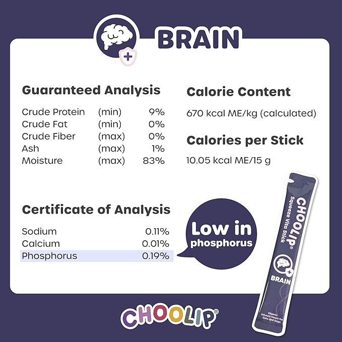 Choolip Squeeze Vita Stick Lickable Cat Treats & Dog Puree – 7-Count Brain Support Tubes, Creamy Grain-Free High-Protein Puree with DHA, Omega 3 & Vitamin B12 for Memory & Cognitive Health