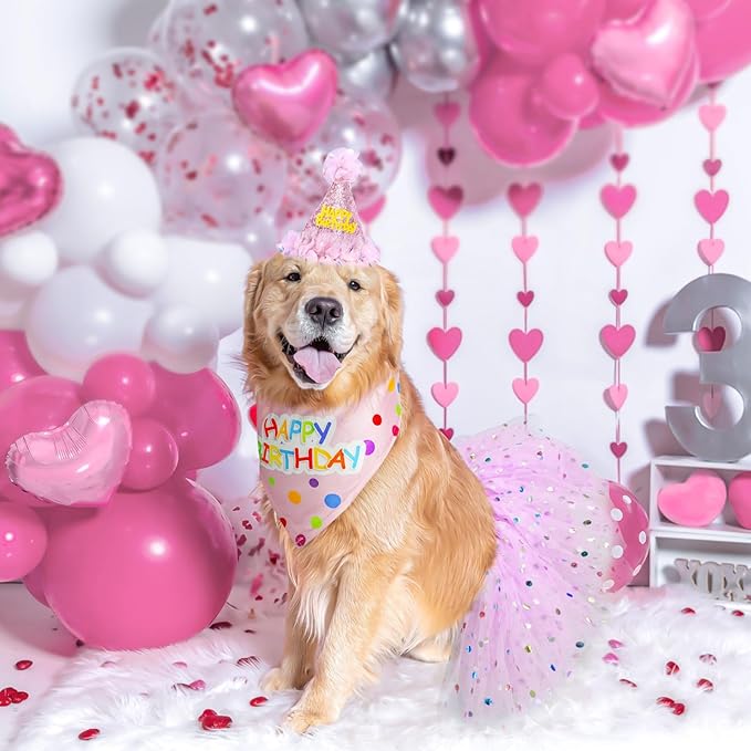 SCENEREAL Dog Birthday Bandana with Hat and Dress Girl Set, Large Dog Birthday Party Supplies, Cute Pink Tutu Skirt Outfit for Medium Large Dogs