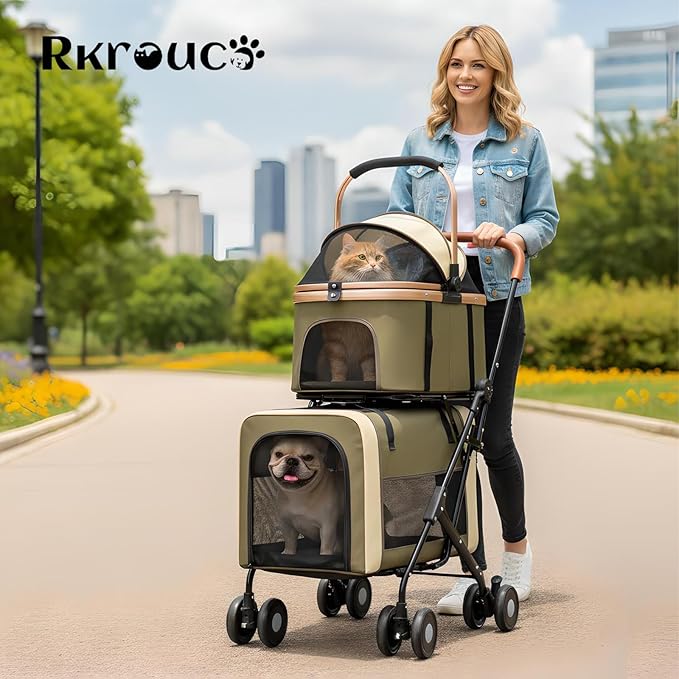 Foldable Double Pets Stroller for Dog Portable Cat Strollers for Small Medium Pet with Detachable Carriers Flexible Lockable Wheels Lightweight Dogs Jogger Strolling Cart Up to 77Lbs (Green)