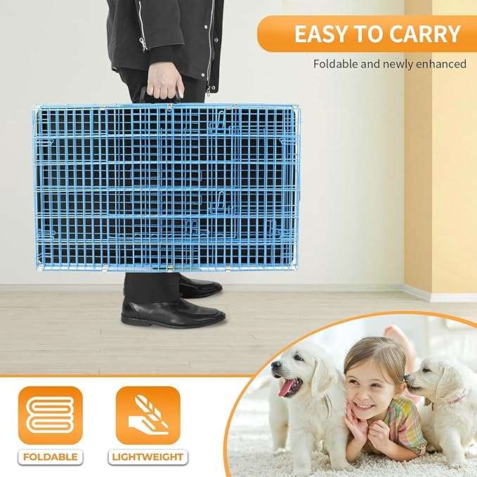 PayLessHere 18 Inch Dog Crate Kennel for Small Dogs Metal Cage Single-Door Folding Travel Indoor Outdoor Puppy Playpen with Divider and Handle Plastic Tray,Blue