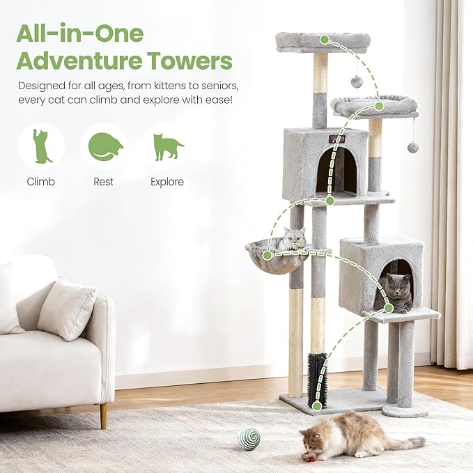Cat Tree Tower for Indoor Cats Large Adult - 65 inch Extra Tall Cat Condo Trees with Scratching Post Hammock Perch - Big Heavy Duty Multi Level Cat House Towers - Kitty Condos Climbing Furniture
