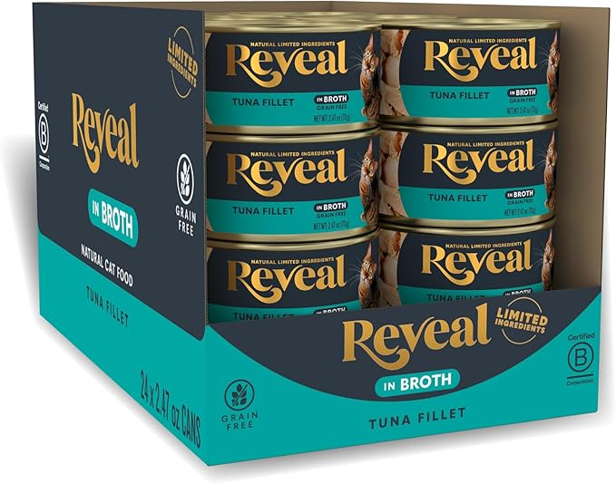Reveal Natural Wet Cat Food, 24 Count, Grain Free, Limited Ingredient Canned Food for Cats, Tuna Fillet in Broth, 2.47 oz Cans