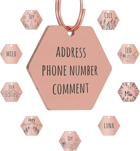 PawFurEver Stainless Steel Pet ID Tag | Personalized Cat & Dog Tags - Engraved Front & Back - Dark Etching - Hexagon, Rose Gold
