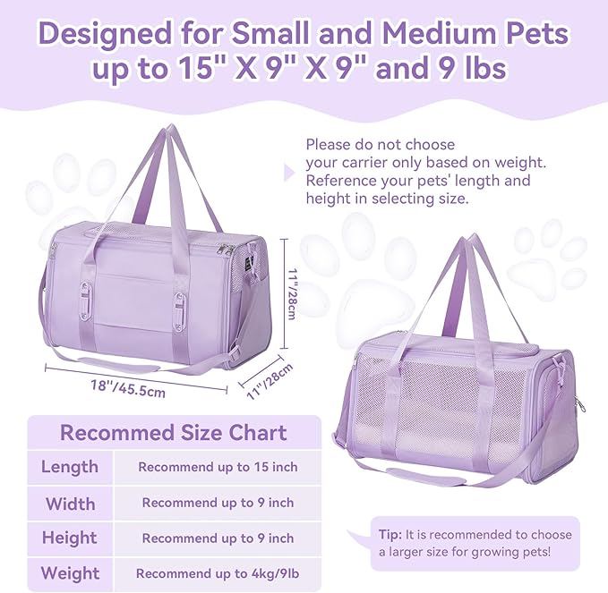 Petsfit 18 X 11 X 11 Airline Approved & Cat Car Carrier with Patent Safety Buckles, Escape-Proof Zippers & Mesh Side, Keeps Pets Secure in Cars, Comfy on Trips & Easy to Carry — Gift for Pet Lovers