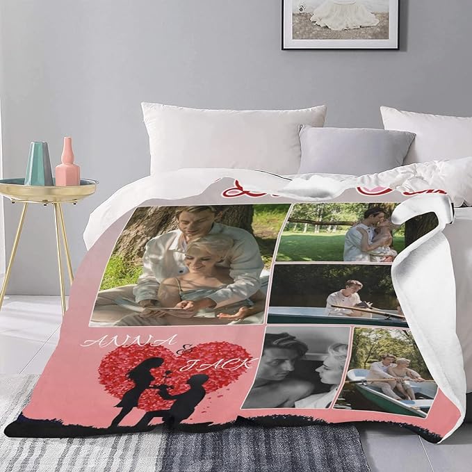 Custom Valentine's Day Blanket with Picture Photo Name, Make a Customized Collage Blankets Gift for Lover, Personalized Throws Blanket to My Wife Husband Souvenir 5 Photos Made in USA