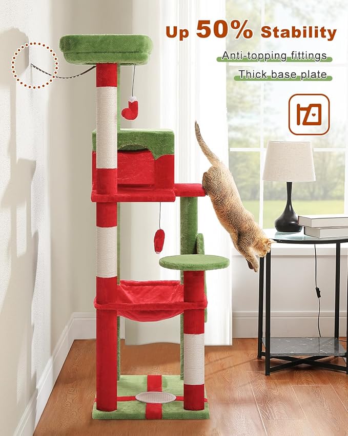 Cat Christmas Tree for Indoor Cats – 56.3“ Cat Proof Christmas Tree Tower with Large Hammock, 3 Scratching Posts & 3 Christmas Toy Balls – Holiday Cat Tree with Festive Decor, Christmas Red