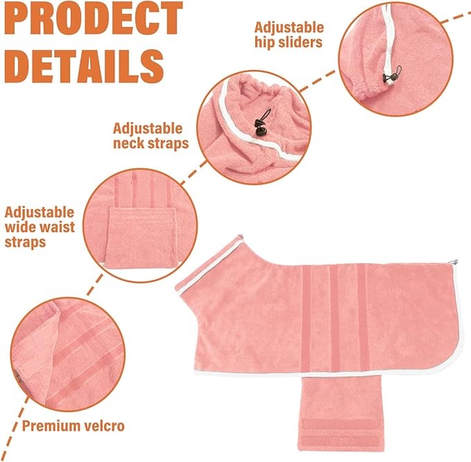 Dog Robe - Fast Drying Towel - Microfiber Super Absorbent Pet Bathrobe, Adjustable Collar & Belly Strap (Pink, XX-Large)