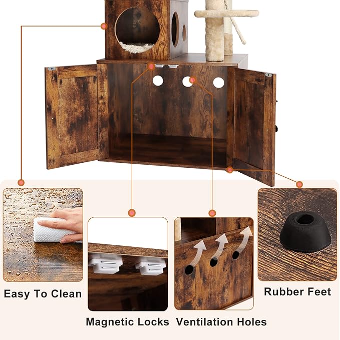 Cat Tree with Litter Box Enclosure, 2-in-1 Cat Tower for Indoor Cats, Large Wood Cat Condo with Basket, Scratching Posts, Pompoms, Rustic Brown