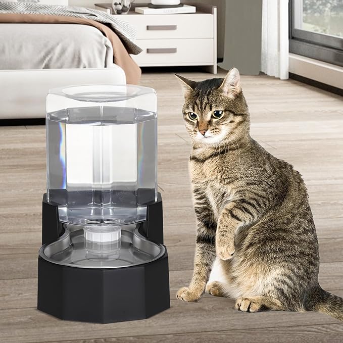 Sfozstra Gravity Water Bowl Dispenser : Automatic 5L Black Cat Stainless Steel Feeder Without Filters - for Dogs with Joint Problems - Suitable in Garage Bedroom