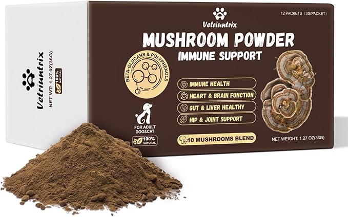 Turkey Tail Mushroom Powder for Dogs, Organic 10 Mushroom Blend for Lumps and Bumps, Dog Herbal Supplements Probiotic with 50% β-Glucan, Joint Gut Immune Skin Support-30 Day Supply