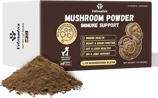 Turkey Tail Mushroom Powder for Dogs, Organic 10 Mushroom Blend for Lumps and Bumps, Dog Herbal Supplements Probiotic with 50% β-Glucan, Joint Gut Immune Skin Support-30 Day Supply