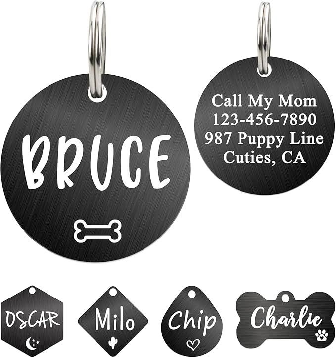 Ultra Joys Custom Personalized Dog ID Tag - Brushed Stainless Steel Round, Black Medium