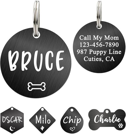 Ultra Joys Custom Personalized Dog ID Tag - Brushed Stainless Steel Round, Black Medium