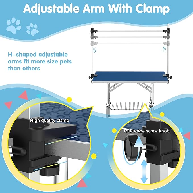 Lyromix 36''Large Dog Grooming Table, Adjustable Cat Drying Desktop with Arms, Nooses, Mesh Tray, Foldable Pet Station at Home, Maximum Capacity Up to 330Lb, 36inch, Blue