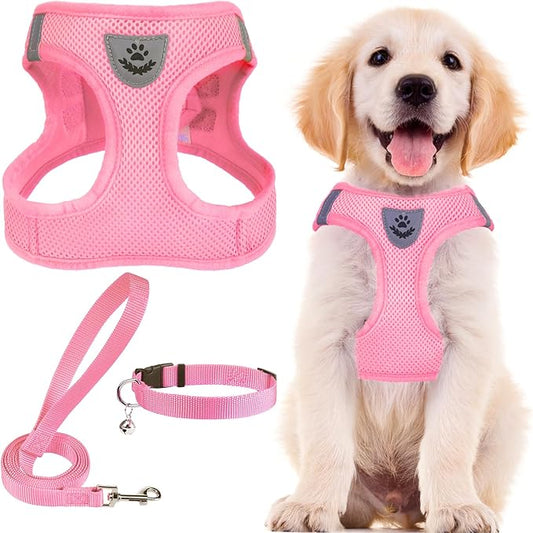 PUPTECK Adjustable Dog Harness Collar and Leash Set Step in No Pull Pet Harness for Small Medium Dogs Puppy and Cats Outdoor Walking Running, Soft Mesh Padded Reflective Vest Harnesses
