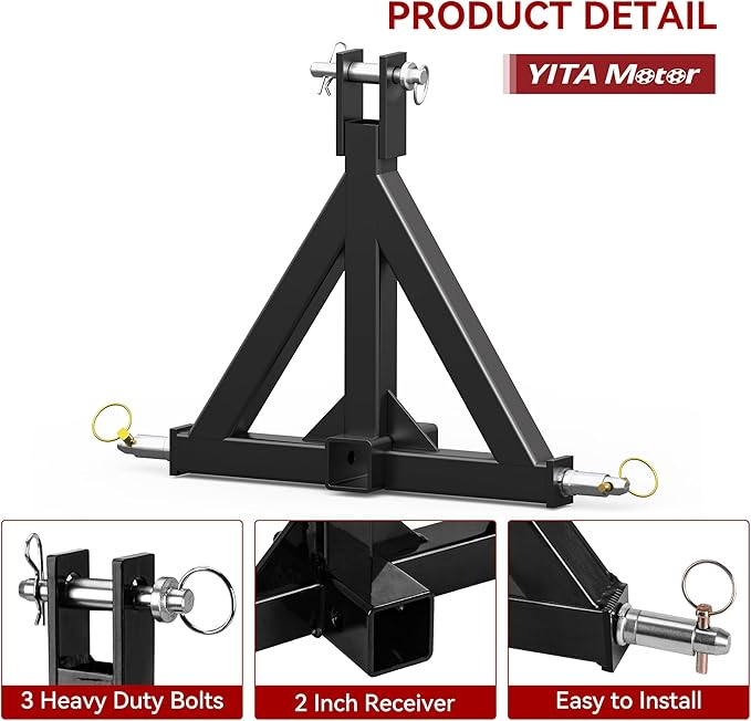 YITAMOTOR 3 Point Trailer Hitch with 2" Receiver for Category 1, 3 Pt Tractor Quick Hitch Drawbar Adapter for Kubota, John Deere, BX, LM25H, WLM Tractor, NorTrac, Yanmar, Kioti, Cat