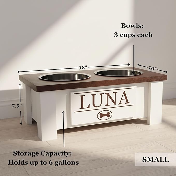 GrooveThis Woodshop - Personalized Elevated Dog Bowl Stand for Large, Medium, Small, X-Small Dogs - Stainless Steel Food and Water Bowls - Raised Dog Dish with Internal Storage (Small, Black)