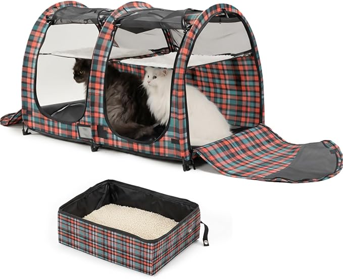 Mispace Portable Twin Compartment Show House Cat Cage/Condo - Easy to Fold & Carry Kennel - Comfy Puppy Home & Dog Travel Crate with Carry Bag/Two Hammocks/Mats and Collapsible Litter Box