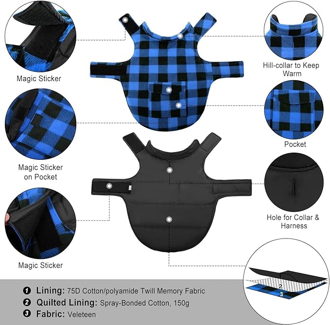 ASENKU Dog Winter Coat, Fleece Doggie Jacket Plaid Reversible Vest Waterproof Windproof Cold Weather Clothes for Small Medium Large Dogs (Blue, XL)