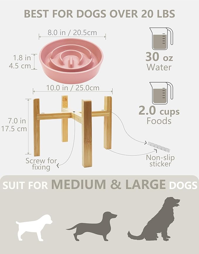 Ceramic Slow Feeder Dog Bowls Elevated, 2.0 Cups Slow Feeder for Medium and Large Dogs, Puzzle Maze Bowl to Slow Down Eating, 30oz, 8in, Pink