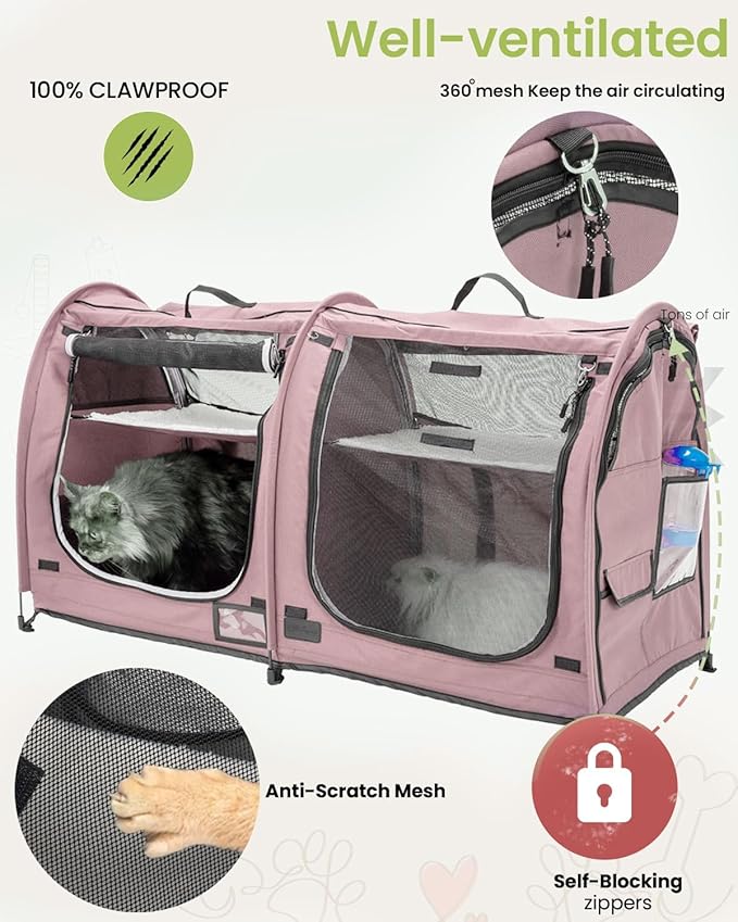 Portable Twin Compartment Show House Cat Cage Condo,Comfy Puppy Home Dog Travel Crate with Carry Bag/2 Hammocks/Mats & Collapsible Litter Box and Water Bottle