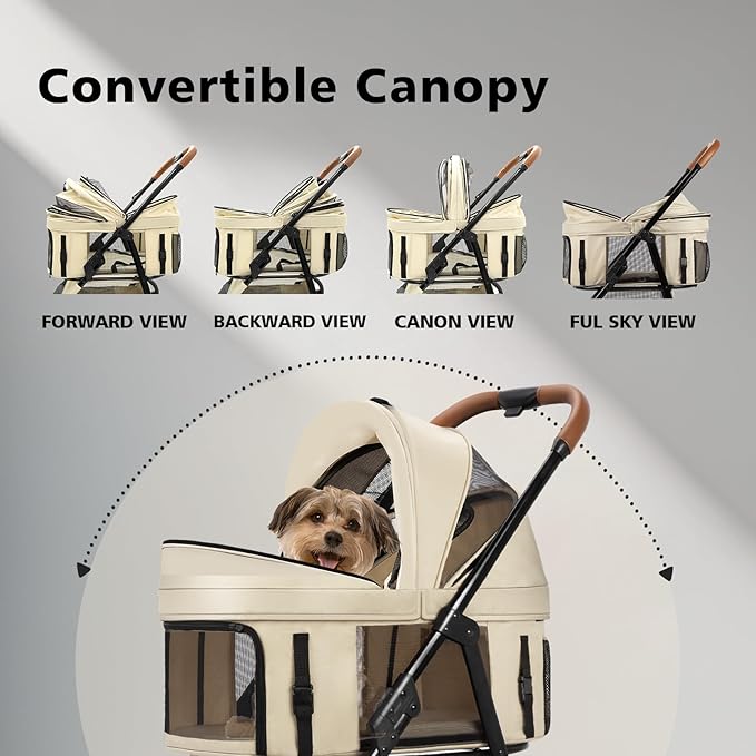 4 Wheels Pet Stroller for Small/Medium Dogs and Cats with Detachable Carrier and Storage Basket,One Click Folding, Compact Portable,3 in1 Multifunctional (Grey)