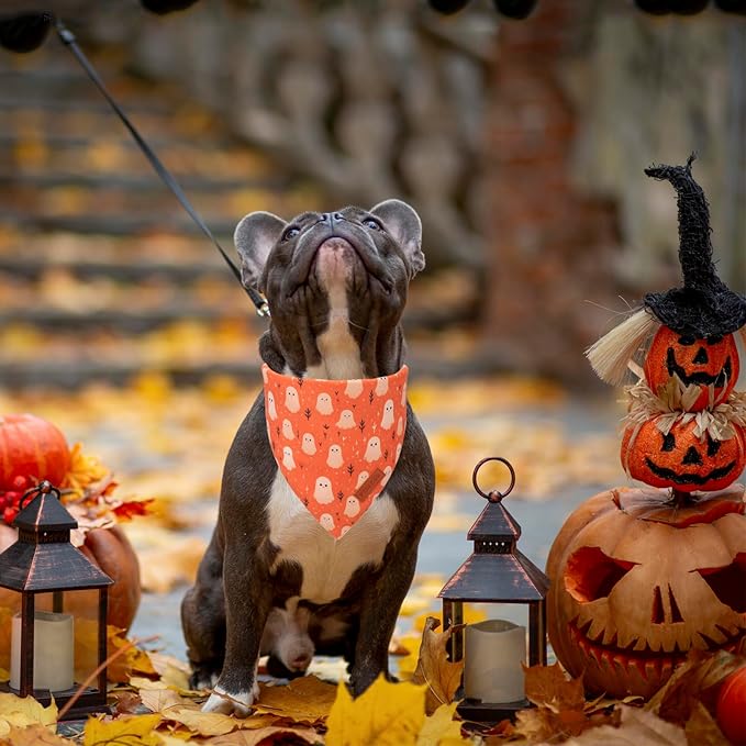 PTDECOR Halloween Dog Bandana, Ghost Pumpkin Design Reversible Holiday Dog Scarf, Triangle Halloween Bandanas for Medium Large Dogs Pets (Large)