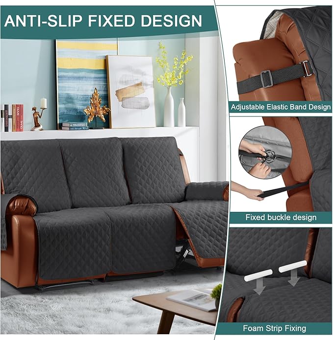 Ruaozz Waterproof Recliner Sofa Cover 1-Piece Couch Covers for Reclining Couches Reclining Sofa Cover Washable Furniture Protector with Elastic Straps Pocket for Kids, Pets (Charcoal Grey, 3 Seater)