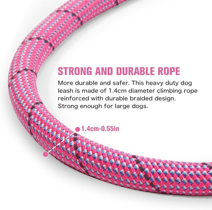 Nylon Rope Dog Leash Reflective, Handmade Braided Strong Dog Lead, Heavy Duty Rope Leash for Medium Large Dogs (5 FT - 3/5" Pink)