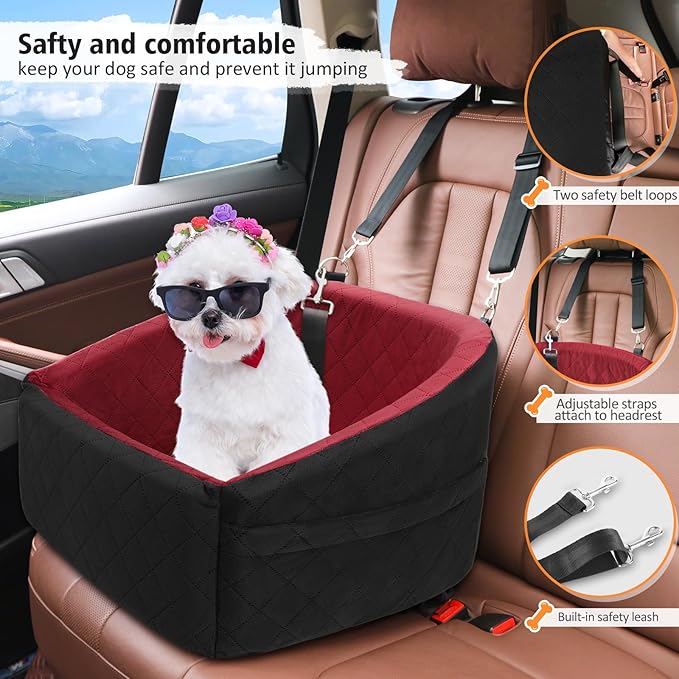 Dog Car Seat for Small Medium Dogs,Detachable Washable Dog Booster Seat Under 30lbs, Pet Car Seats Travel Bed with Storage Pockets and Safety Belt（Black/Red）
