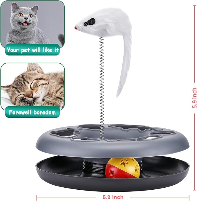 Pawzone Cat Toys, Cat Toys for Indoor Cats,Interactive Kitten Toys Roller Tracks with Catnip Spring Pet Toy with Exercise Balls Teaser Mouse (Soft Grey)