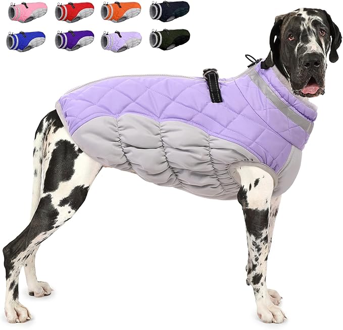 AOFITEE Dog Coat, Warm Dog Winter Coat for Large Dogs, Reflective Turtleneck Dogs Jacket with Harness Built in, Waterproof Windproof Pet Puffer Jacket Fleece Vest for Cold Weather, Lilac XXXL